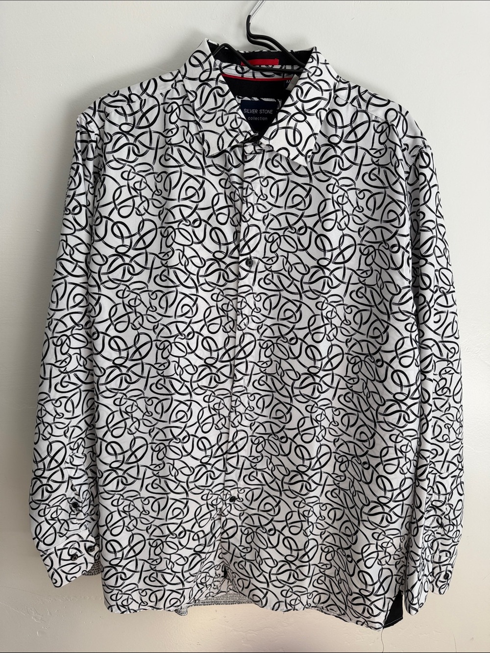 Silver Stone Collection White Dress Shirt with Black Abstract Print
